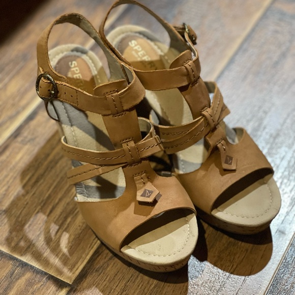 Sperry Brown Tan Cork Wedge 7.5 Sandals Heels Leather - Picture 2 of 3